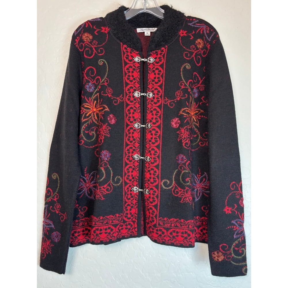 NorthStyle Alpaca Blend Cardigan XL Black Red‎ Floral Nordic Metal Clasps 2206